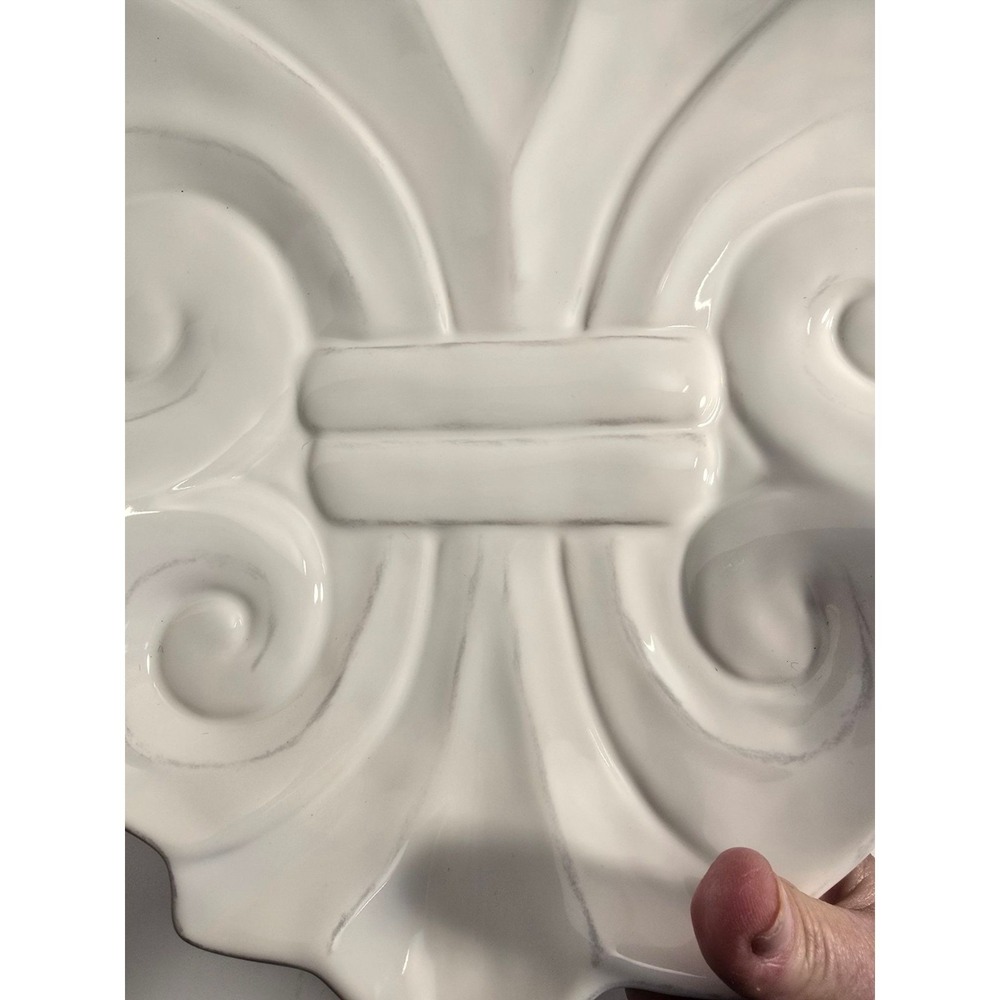 Embossed Stoneware Fleur De Lis Serving Plate White 15.5x11.5 Inch Dinnerware - Picture 6 of 10